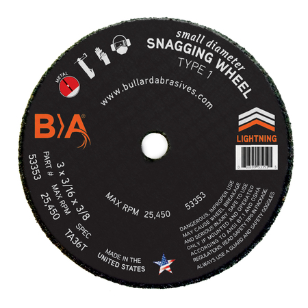 Bullard Abrasives Small Dia Snagging Wheels, 3 x 3/16 x 3/8, T1, PK5 5313